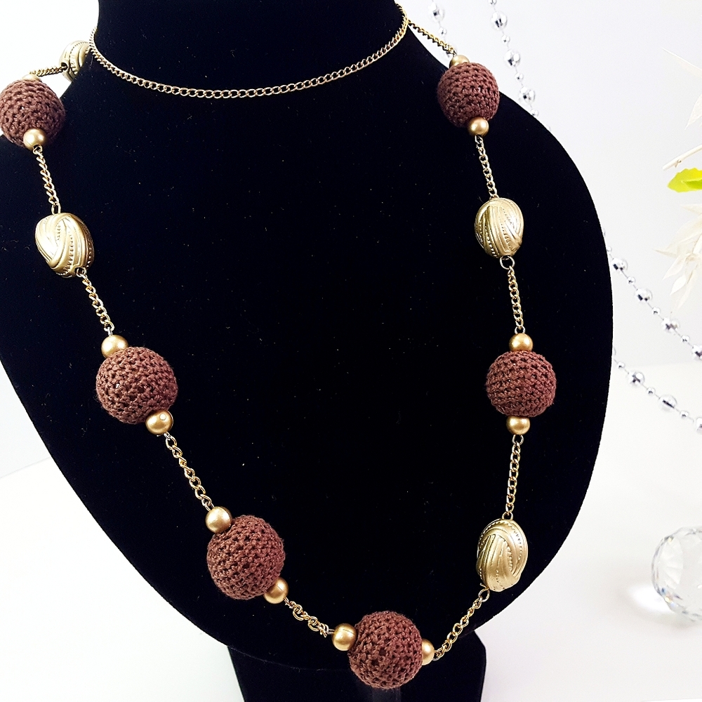 Vintage 90's-Y2K🍂Gold-Brown Beaded Long Necklace